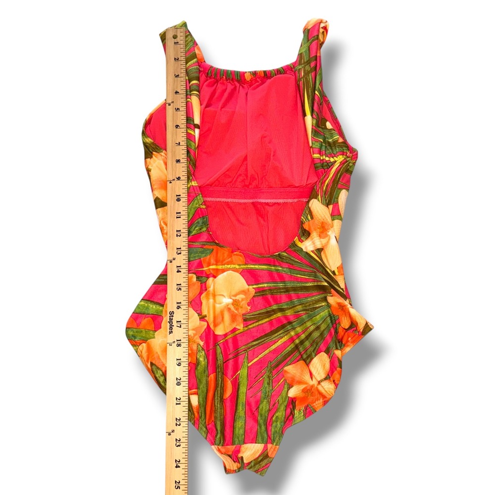 Carmen Marc Valvo Swimsuit Women 10 Pink Tropical Floral High Neck One Piece - Picture 5 of 6